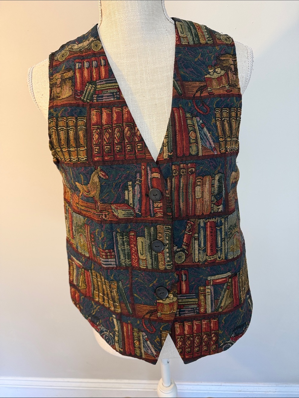 Vintage Academia Cabin Creek Bookcase-Print Vest in Blue and Brown